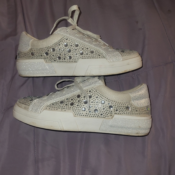 Shoes - Women's Glitter Rhinestone Lace-Up Sneakers in Cream